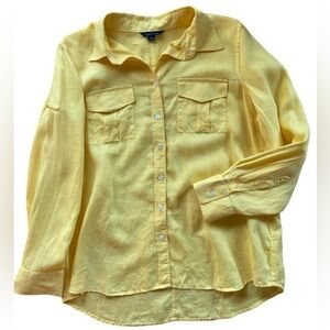 Vintage Lands’ End LP 14/16 Yellow Linen Camp Shirt Roll Tab Button Sleeve